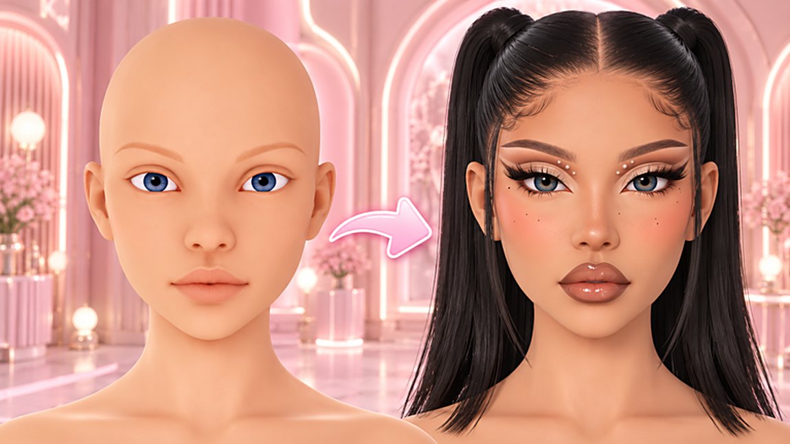 Official Makeup All Stars screenshot: a bare avatar and a finished look side by side in the salon